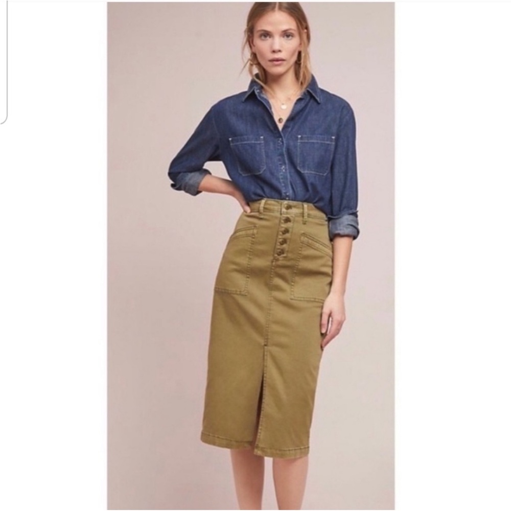 Anthropologie Olive Green Khaki Button-Front Midi Skirt
